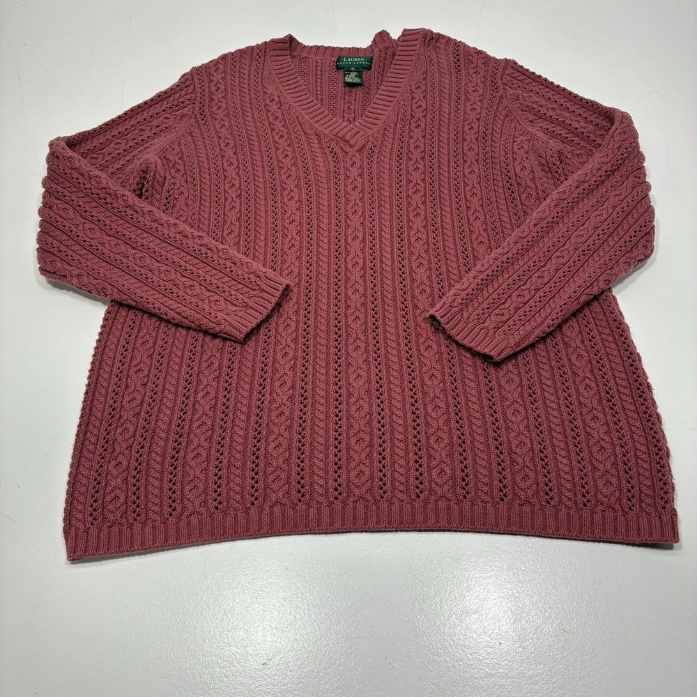 Lauren Ralph Lauren Women's Dusty Rose Cable Knitβ Sweater Size 1X V-neck cotton